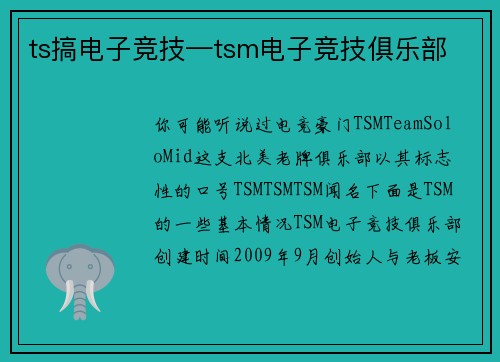 ts搞电子竞技—tsm电子竞技俱乐部