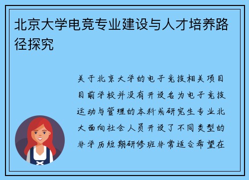 北京大学电竞专业建设与人才培养路径探究